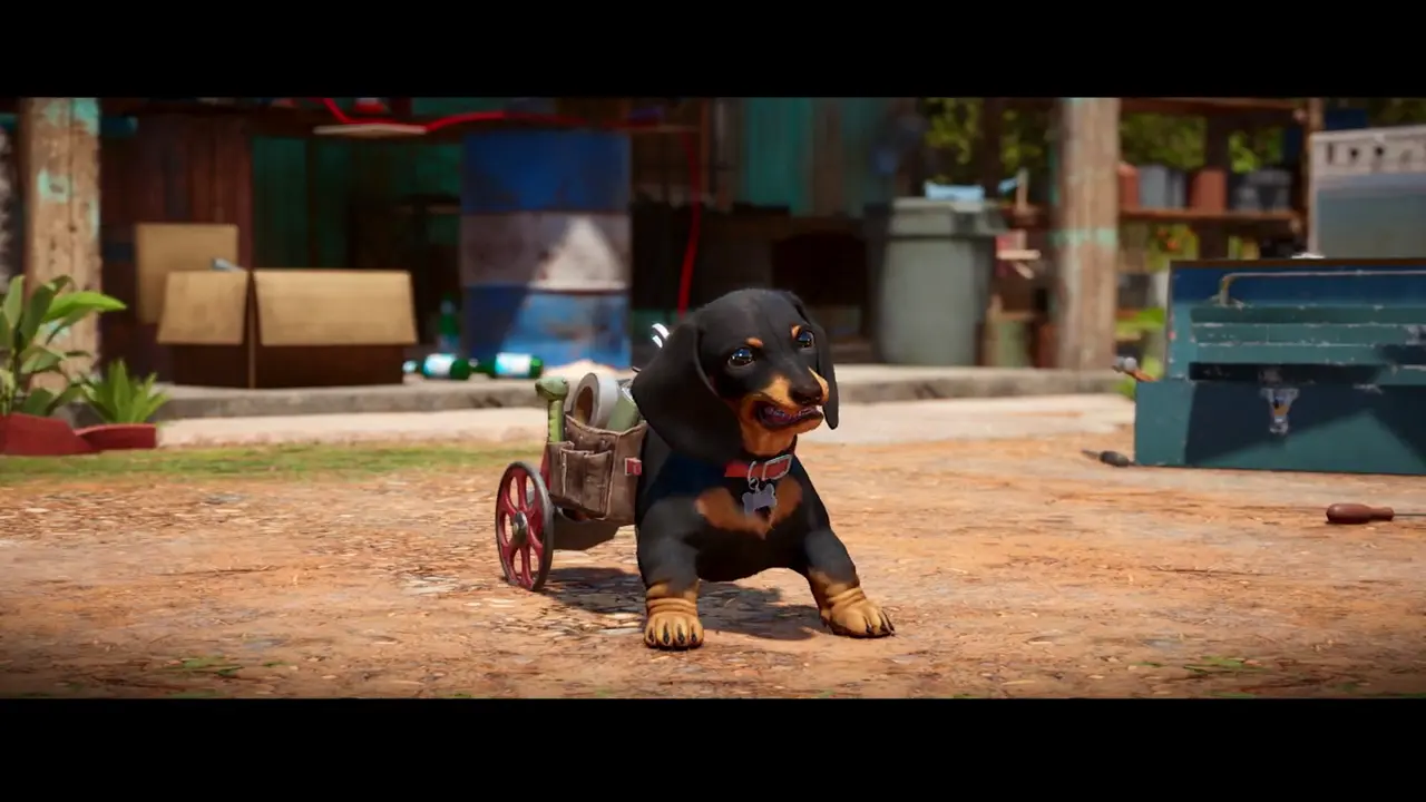 Imagem do gameplay de Far Cry 6 de um cachorro em uma cadeira de rodas fazendo careta