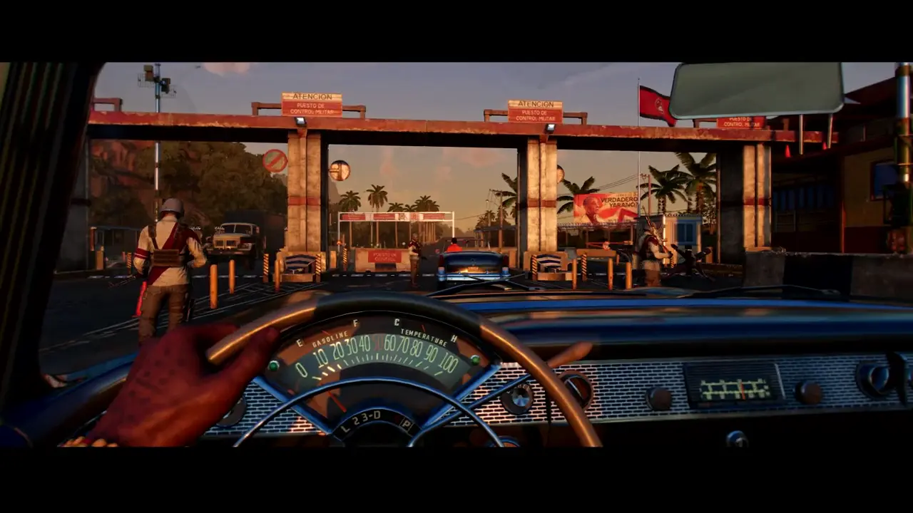 Imagem do gameplay de Far Cry 6 com a protagonista dentro de um carro e inimigos em volya