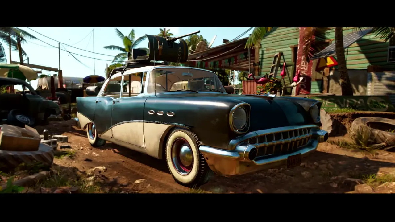 Imagem do gameplay de Far Cry 6 de um carro com uma metralhadora no teto