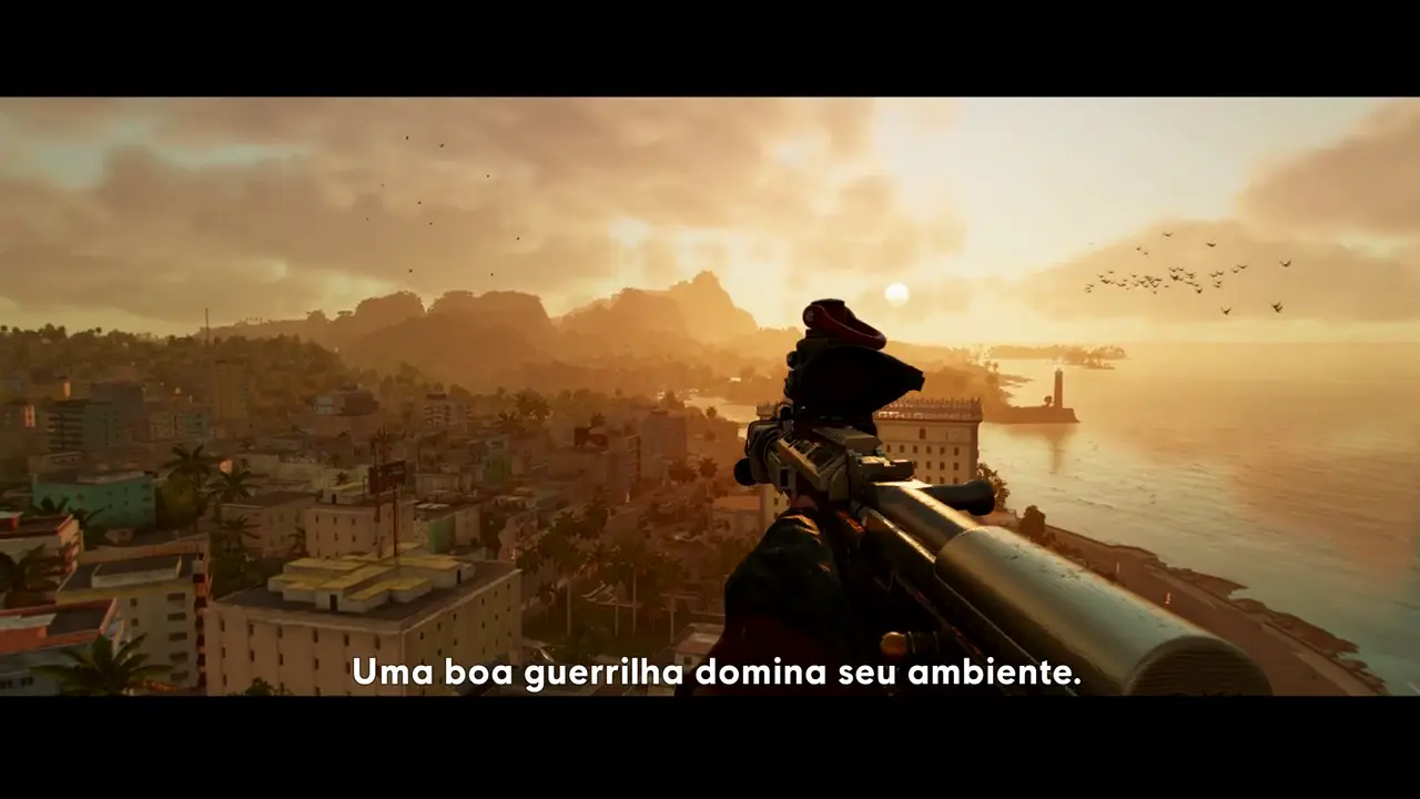 Imagem do gameplay de Far Cry 6 da cidade "Yara" vista de cima
