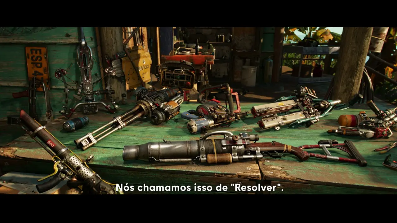 Imagem do gameplay de Far Cry 6 com um arsenal de armas