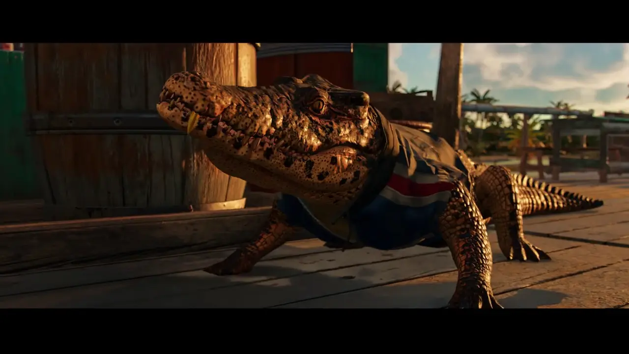 Imagem do gameplay de Far Cry 6 com um jacaré em destaque