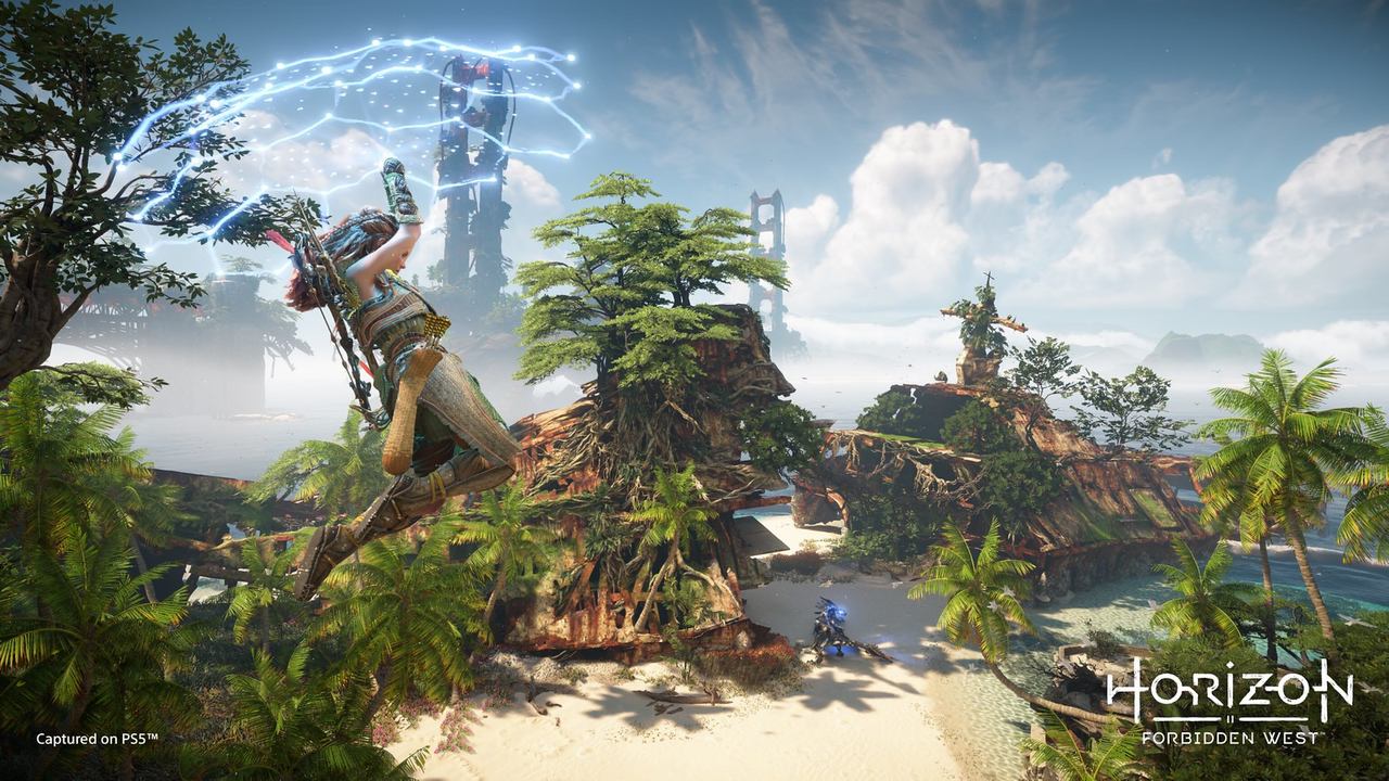 Horizon Forbidden West terá "nova e aprimorada" árvore de habilidades 1 Destacada com a Aloy no arma usando uma tecnologia de paraglinder em uma das imagens de Horizon Forbidden West