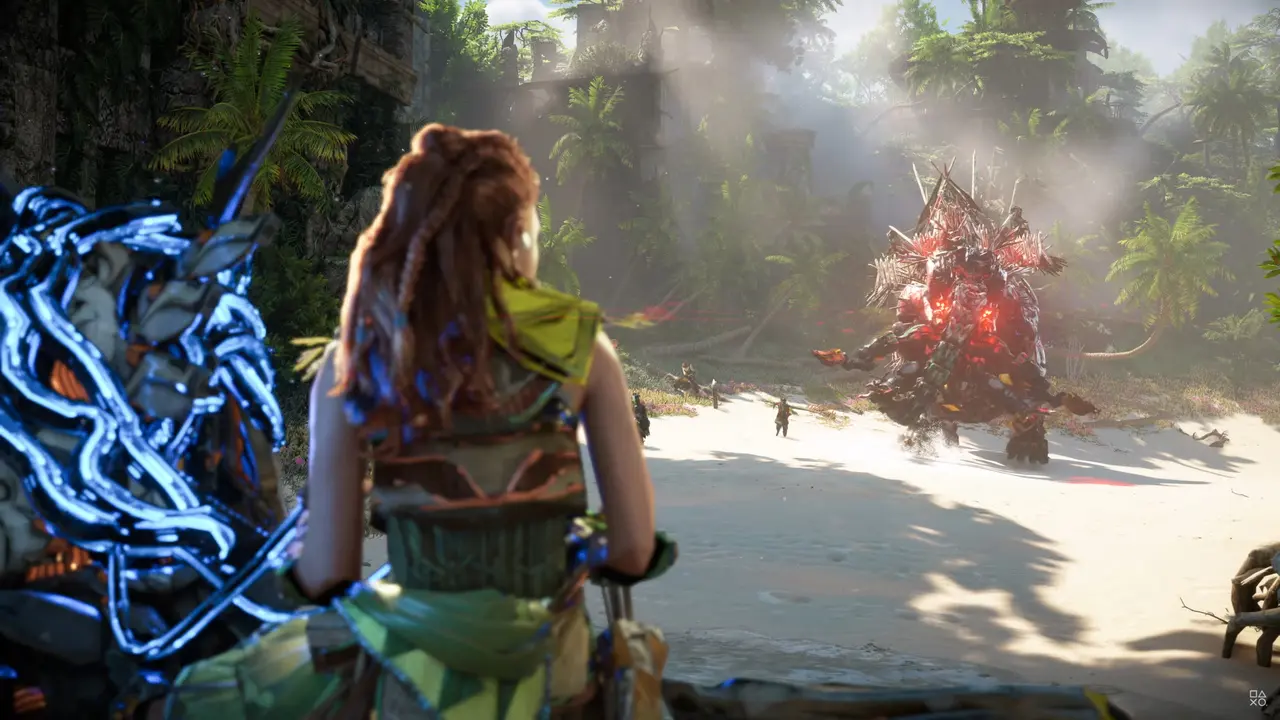 Imagens de Horizon Forbidden West com a protagonista Aloy encarando uma máquina gigante