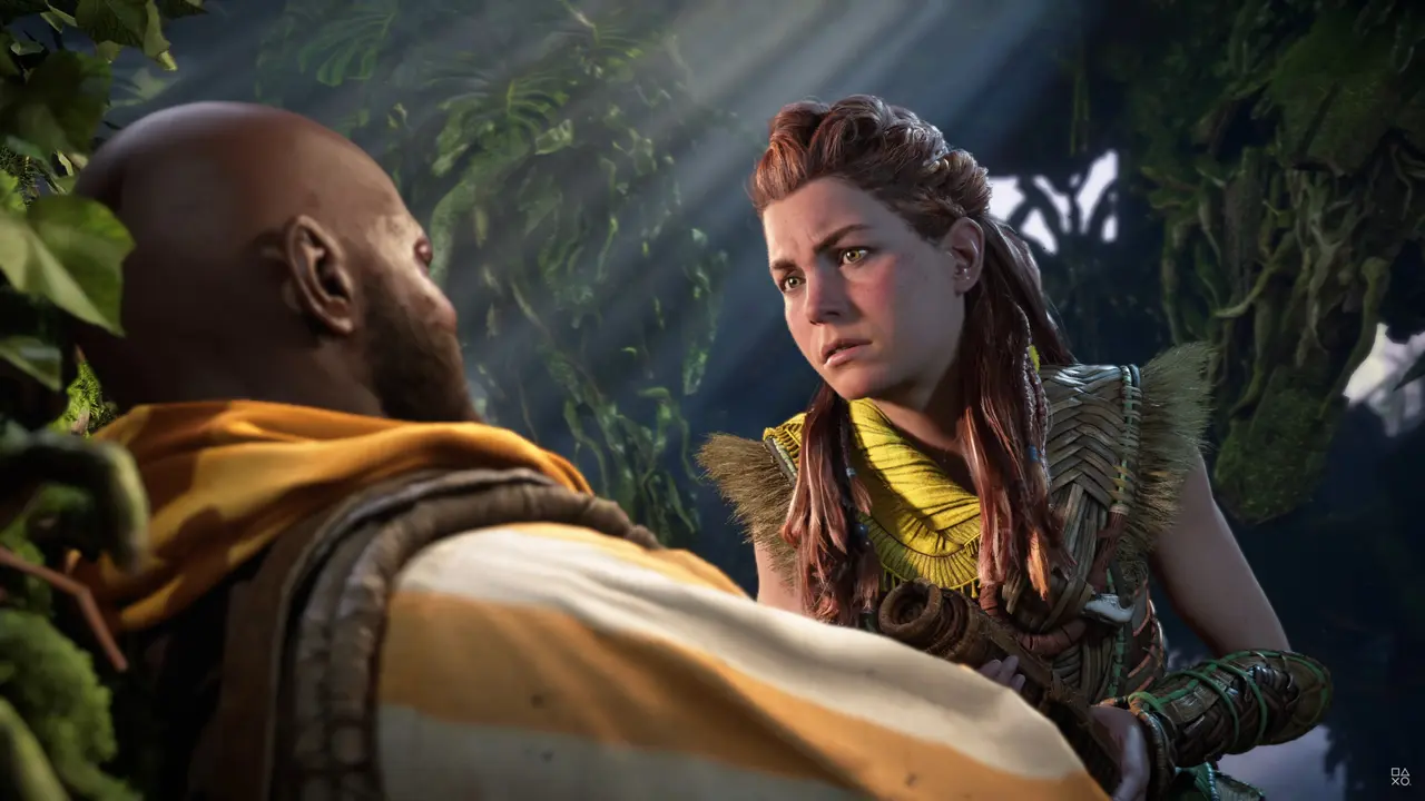 Imagens de Horizon Forbidden West com a protagonista Aloy encarando outro personagem