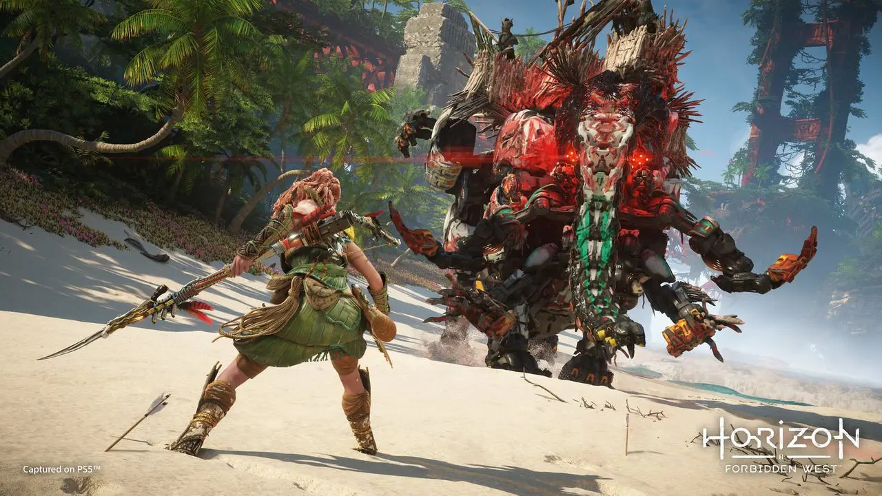 Imagens de Horizon Forbidden West com a protagonista Aloy de costas em uma luta contra uma máquina gigante em formato de elefante