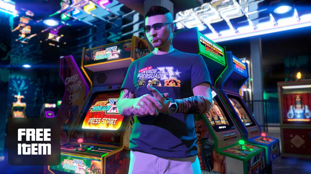 Imagem de capa de um personagem de GTA Online usando a camisa grátis da semana com máquinas arcade atrás dele