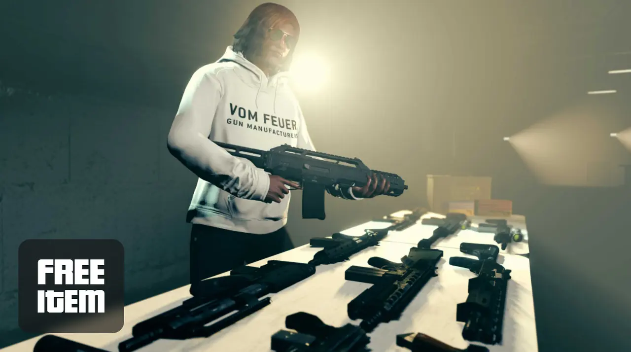 Imagem de capa de uma personagem de GTA Online com moletom branco e segurando uma arma