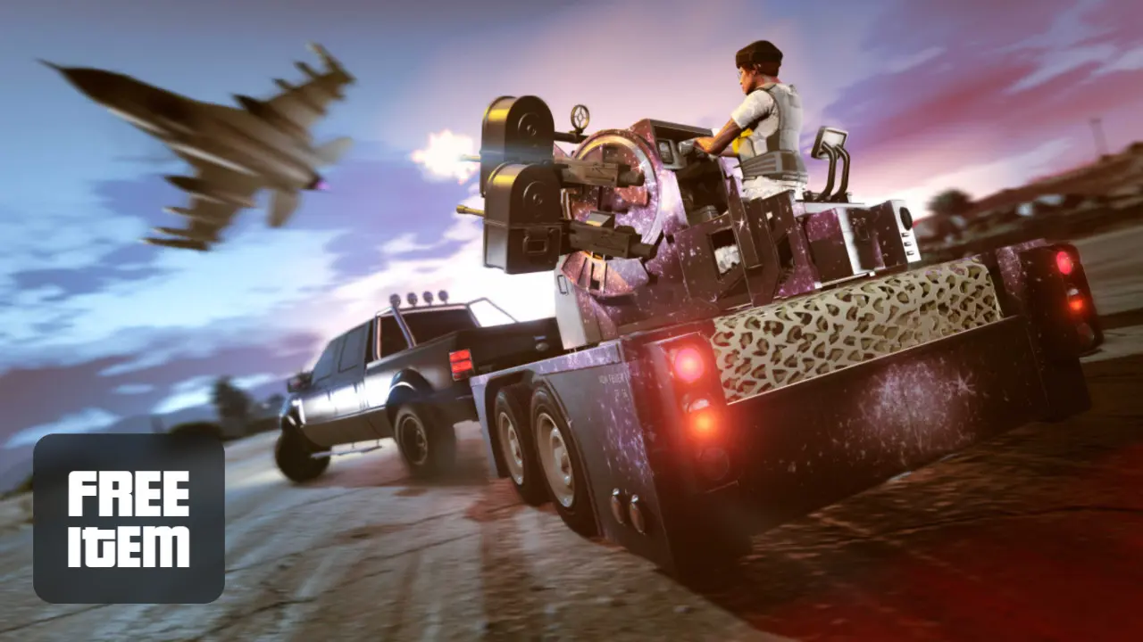 Imagem de capa de um veículo com uma metralhadora e um personagem de GTA Online atirando em uma aeronave