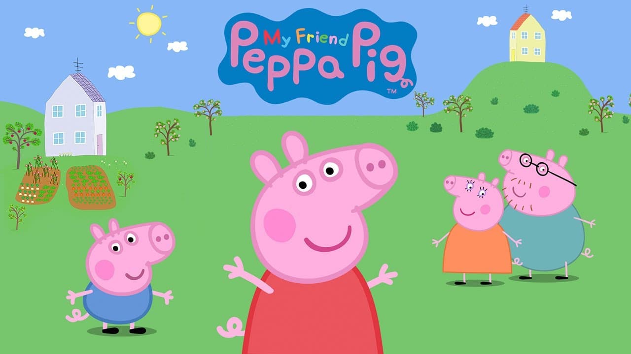 Imagem de capa do jogo da Peppa Pig, com a protagonista no centro e sua família atrás