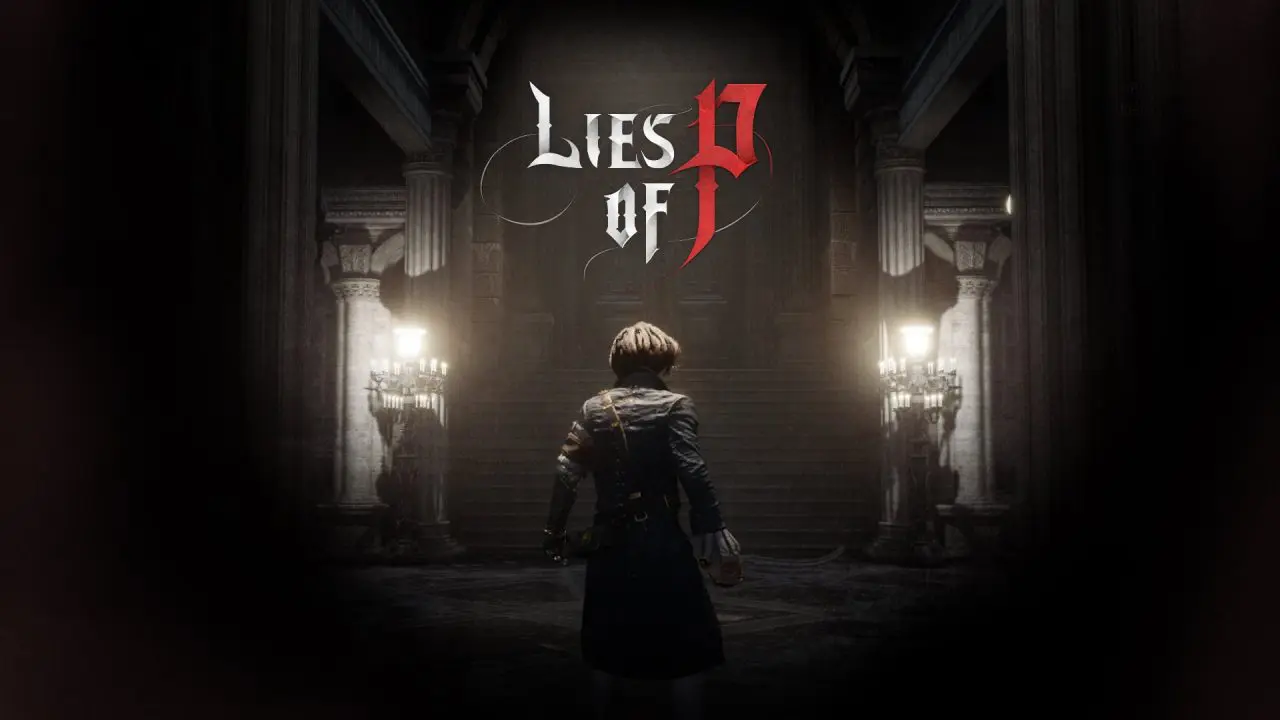 Imagem do protagonista de Lies of P, jogo do Pinóquio inspirado em souls-like, de costas e com a logo do game em cima