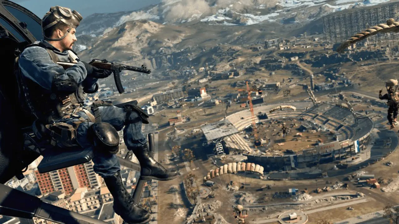 Imagem de capa de um soldado armado em um helicóptero observando o mapa de Verdansk, de Call of Duty: Warzone