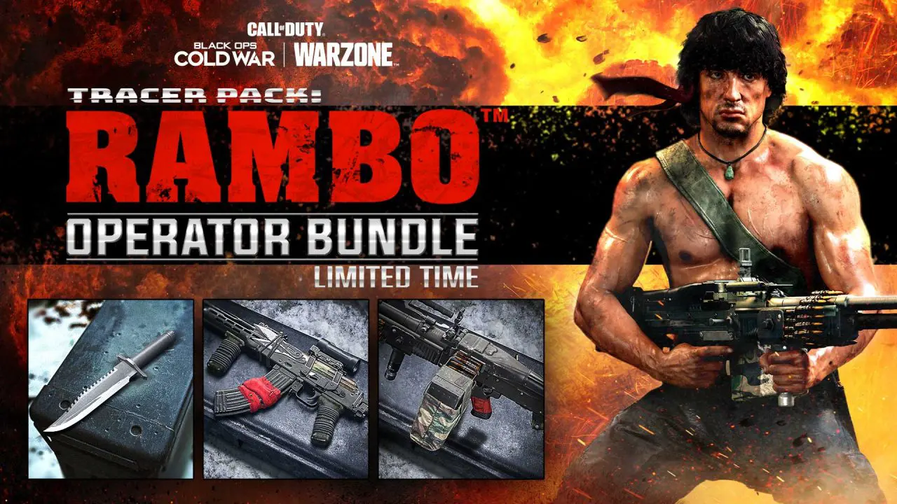 Imagem do pacote do Rambo em Warzone e Black Ops Cold War, com o personagem segurando uma arma