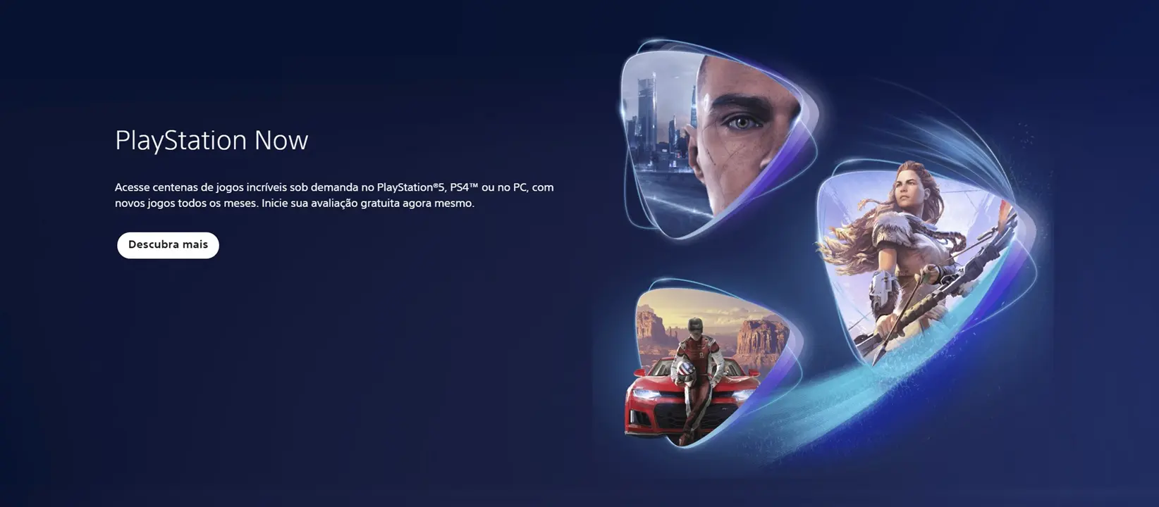Logo da PlayStation Now em azul com vários ícones de jogos da casa.