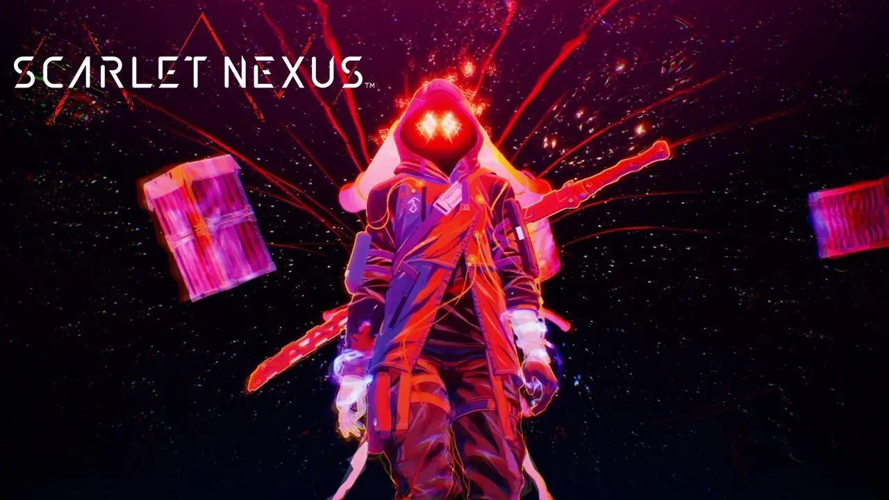 Imagem de capa do protagonista de Scarlet Nexus em vermelho e com uma espada nas costas, ao lado há a logo do game