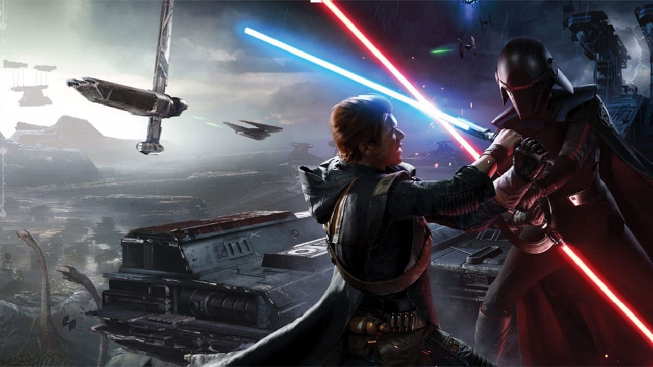 Cal Kestir em luta com sabres de luz com soldado do Império Galatico Star Wars JEDI: Fallen Order