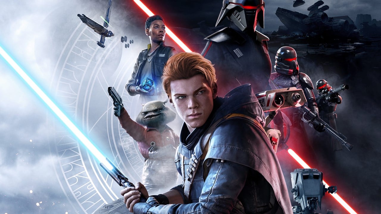 Personagens de Star Wars Jedi Fallen Order segurando sabres de luz azul e vermelho - jogo em promoção na PS Store