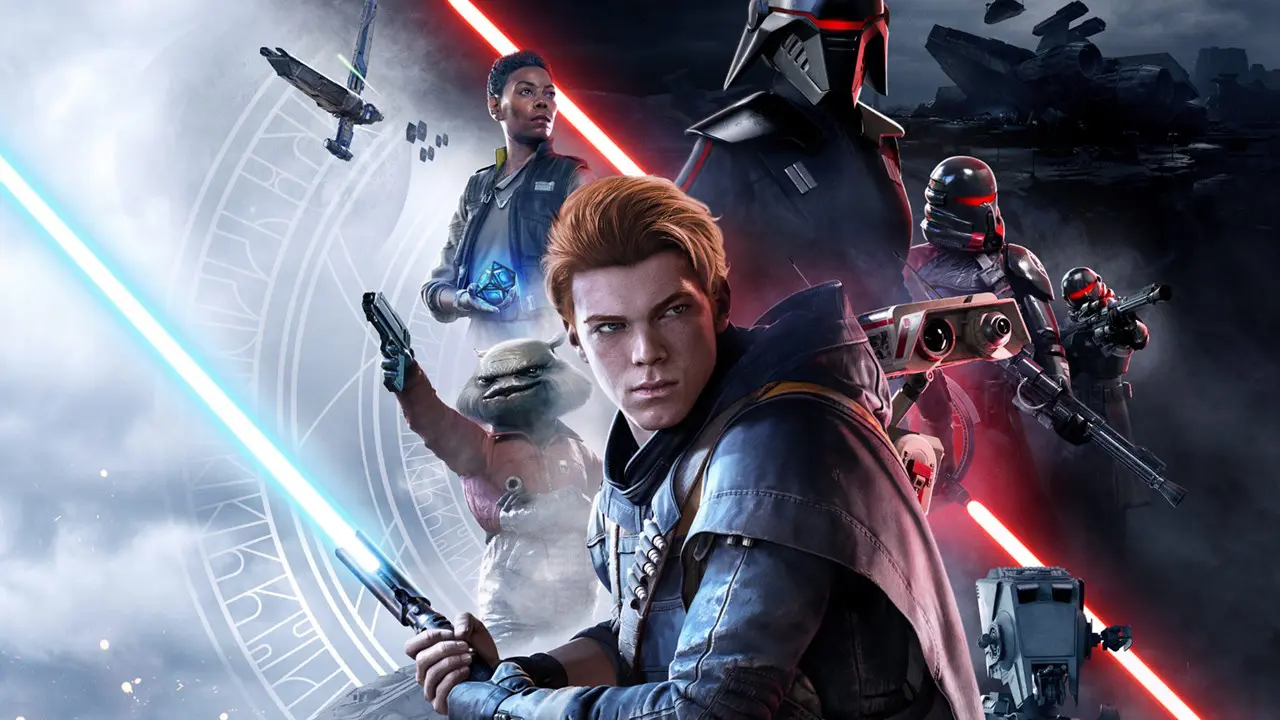Personagens de Star Wars Jedi Fallen Order segurando sabres de luz azul e vermelho