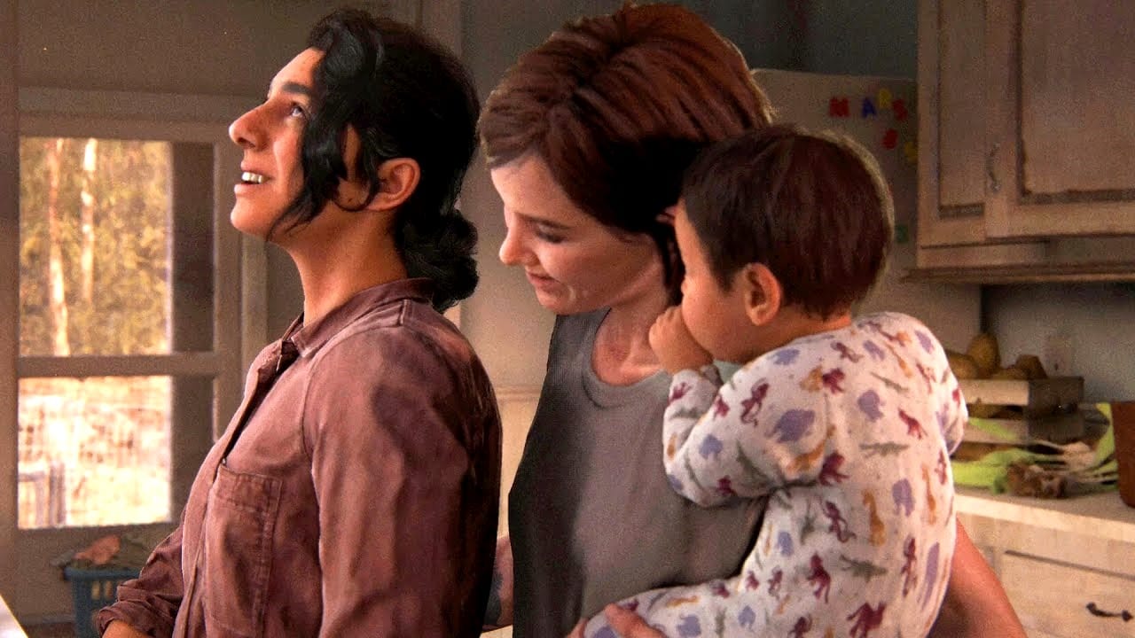 Ellie, Dina e o bebê JJ, em The Last of Us 2