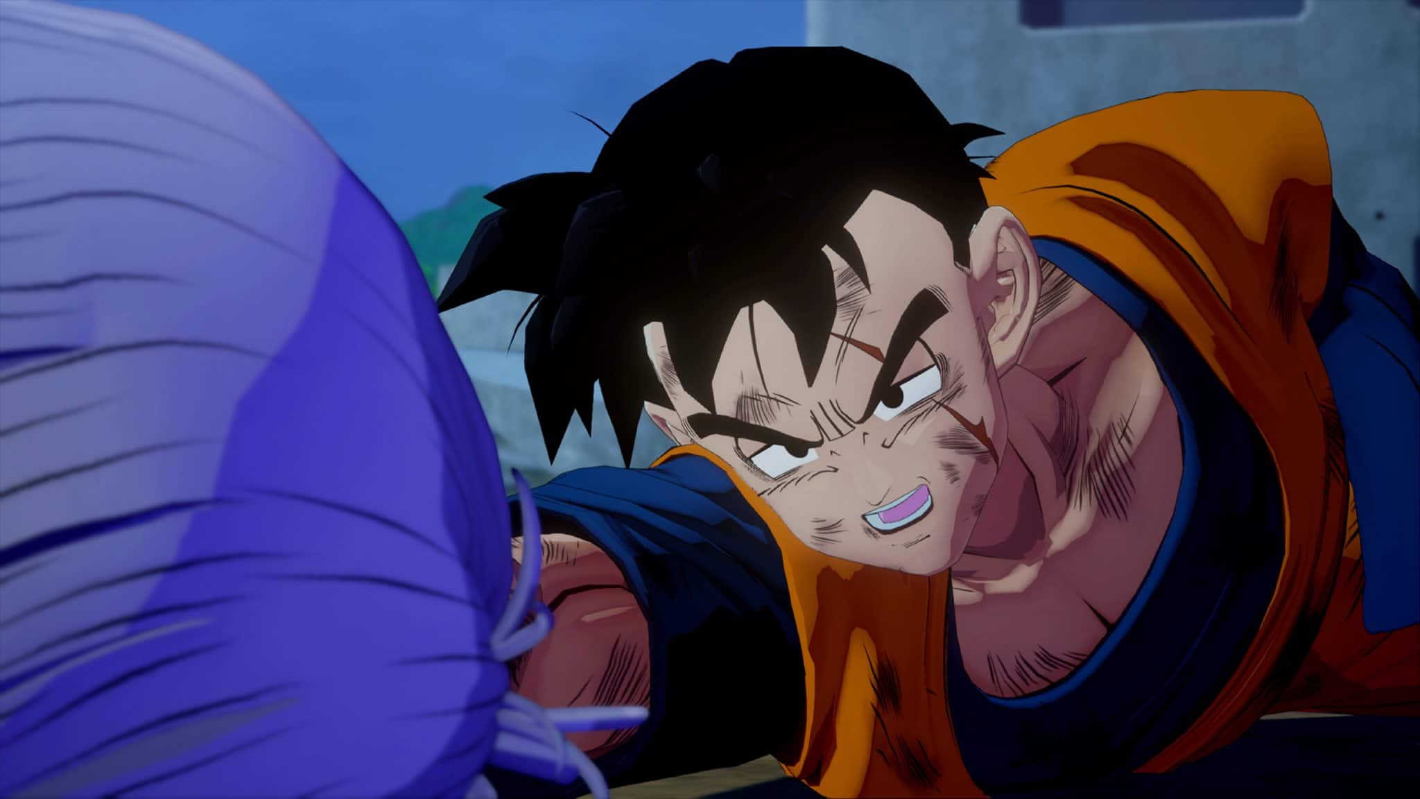 Imagem do Gohan no chão machucado no DLC de Dragon Ball Z: Kakarot