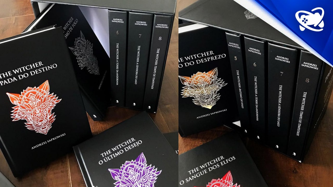 Imagem box com livros da coleção de The Witcher em capa dura