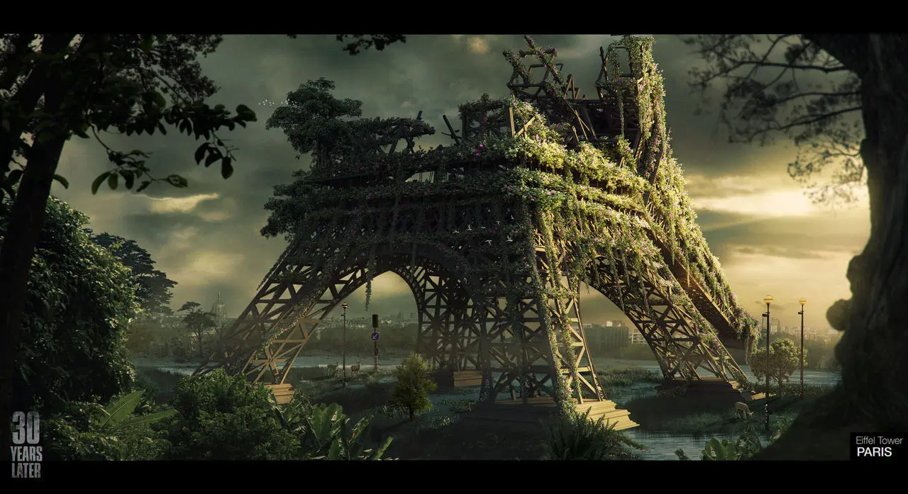 Imagem da matéria de The Last of Us 2 com a Torre Eiffel reimaginada em um cenário apocalíptico