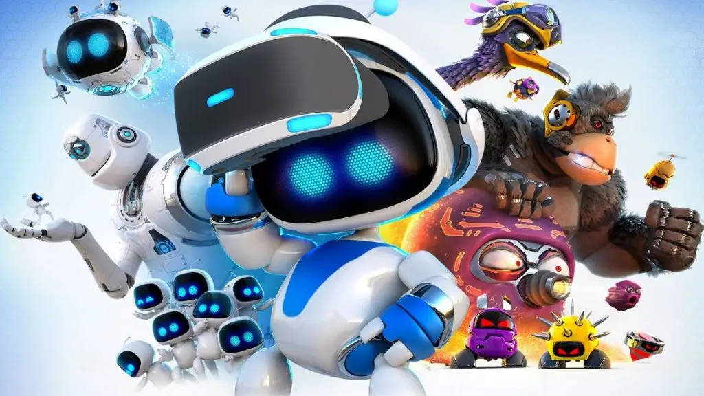 Imagem de capa do jogo Astro Bot, da PlayStation, com o protagonista no centro segundo um PS VR em sua cabeça