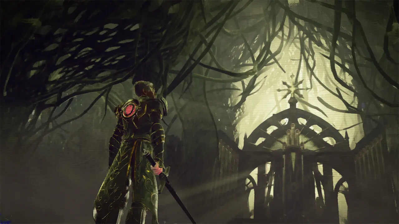 Imagem de capa do jogo Babylon's Fall com um personagem segurando uma espada olhando para o alto