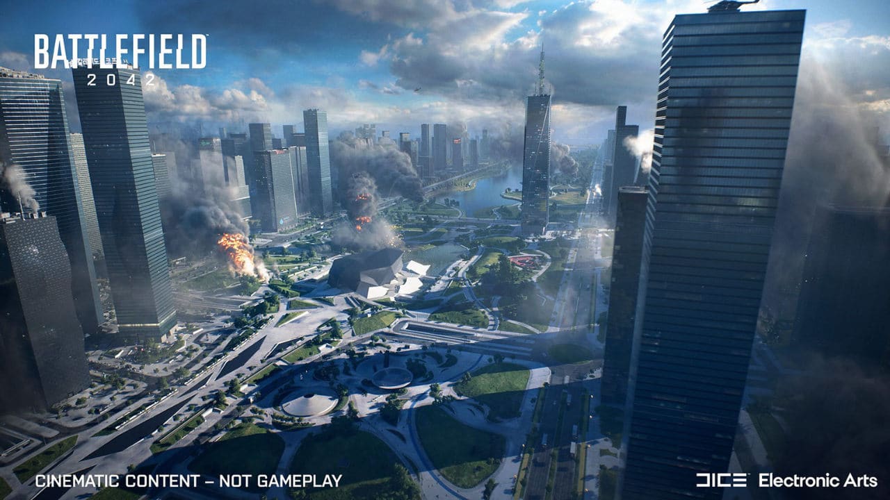 Imagem de capa da matéria de Battlefield 2042 para PlayStation 5 com uma imagem de um mapa do jogo com vários arranha-céus