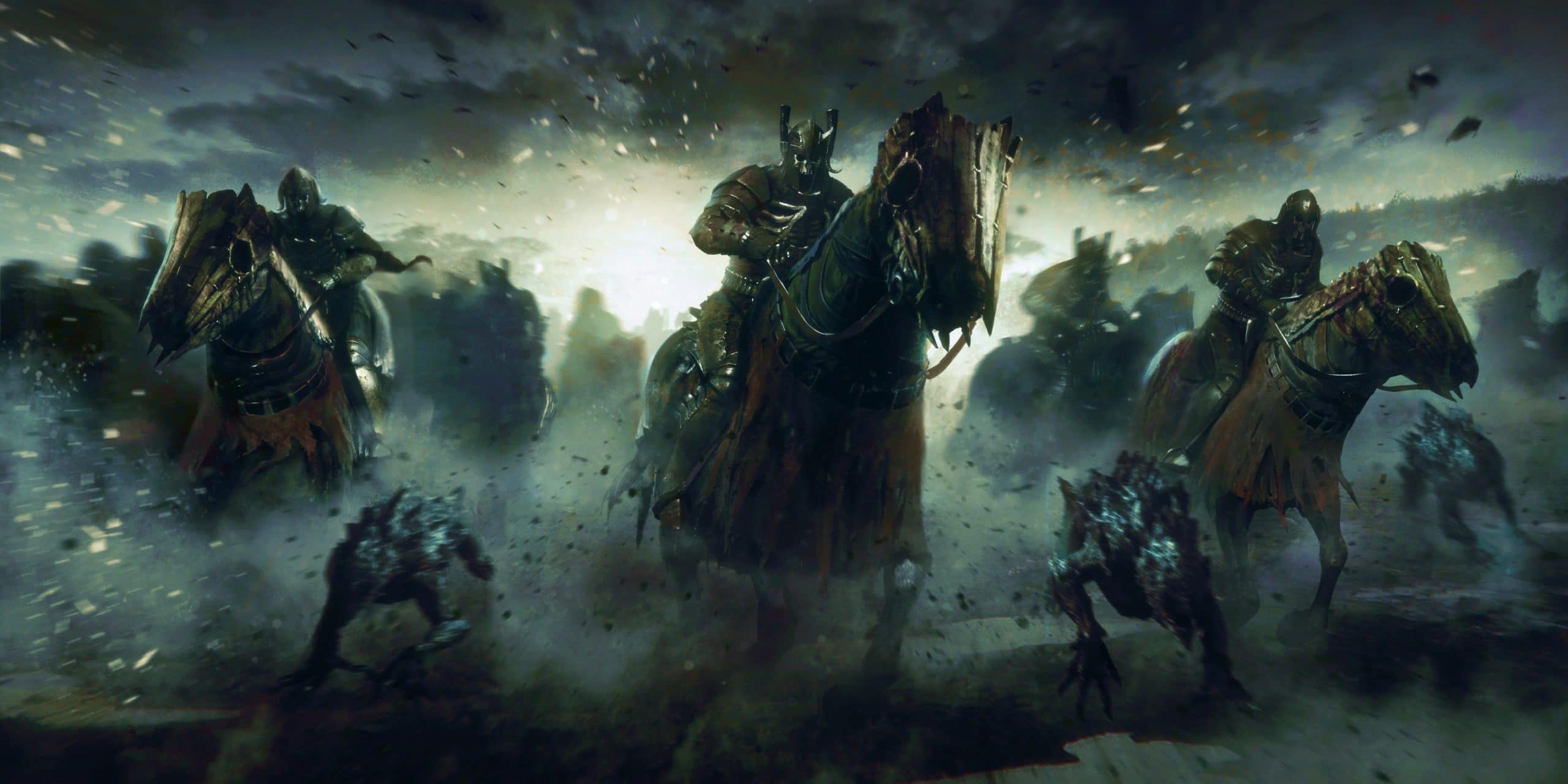 Imagem que mostra soldados escuros em cima de cavalos da Caçada Selvagem da história The Witcher