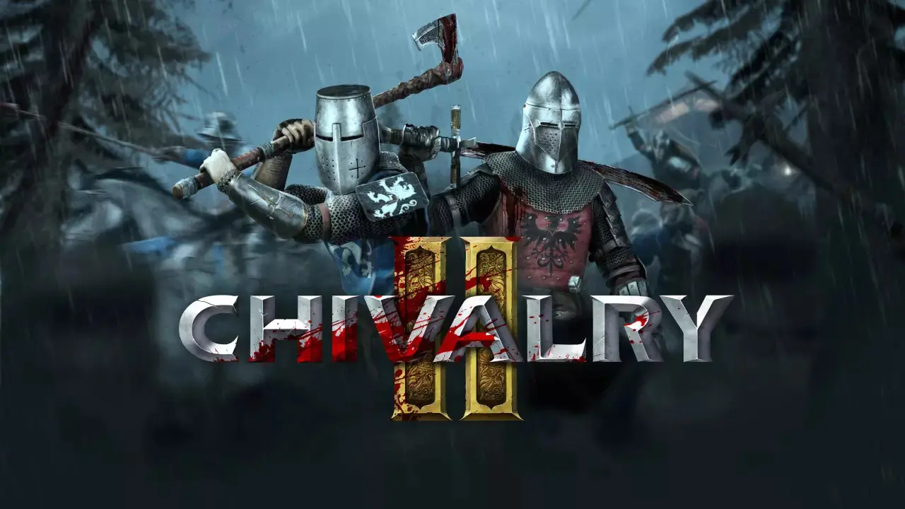 Chivalry II - dois guerreiros armados com logo do game ensanguentada
