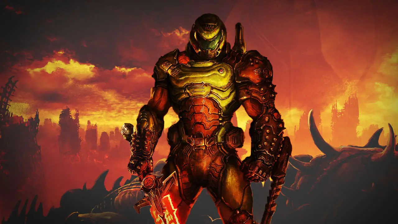 Imagem de capa da matéria sobre DOOM Eternal de PS5 com o protagonista em pé em destaque