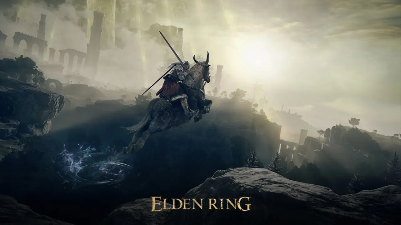 Imagem de capa do jogo Elden Ring com o protagonista montado em um cavalo