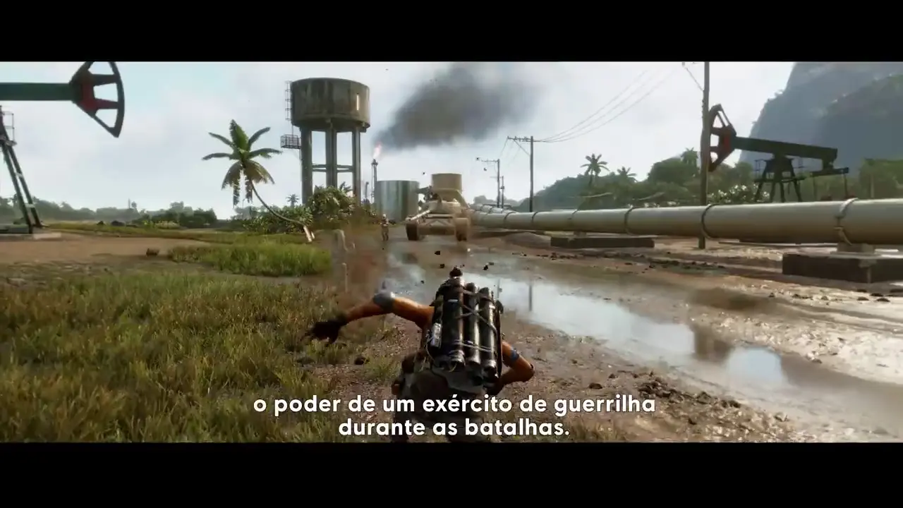 Imagem do jogo de Far Cry 6 em terceira pessoa com a protagonista do jogo lançando mísseis de uma mochila a jato