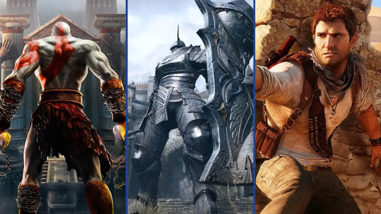 Imagem de capa com três Jogos da Bluepoint Games, God of War Collection, Demon's Souls Remake e Uncharted Collection