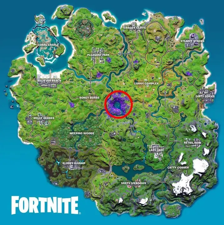 Imagem da localização dos Artefatos Alienígenas em Fortnite com um círculo vermelho marcando no mapa