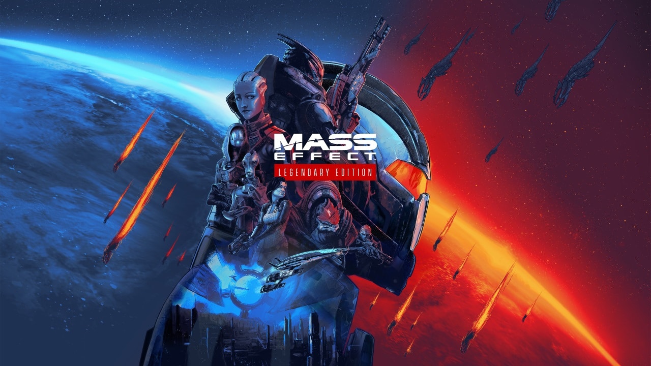 Imagem do jogo Mass Effect Legendary Edition, mostrando um capacete, planeta e personagens alienígenas