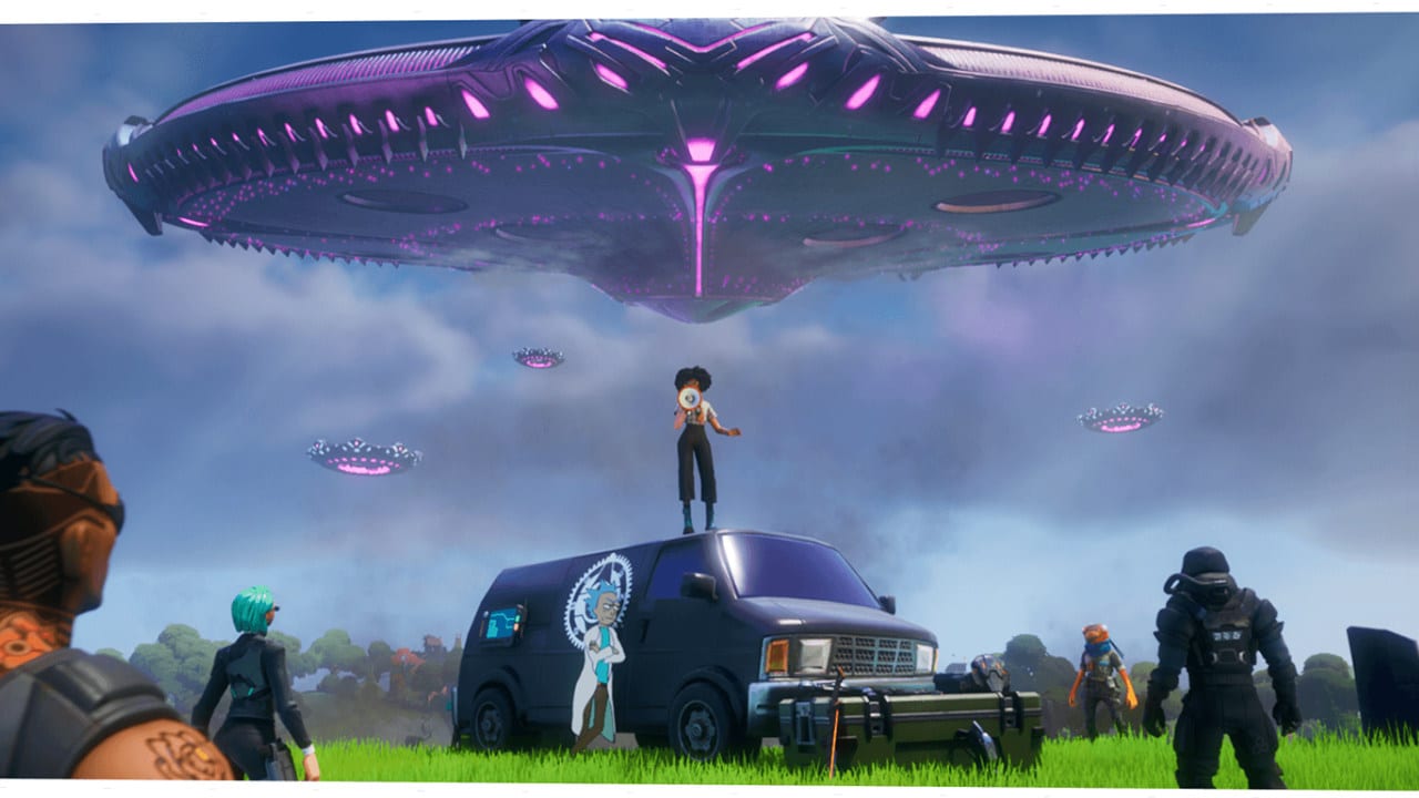 Imagem de capa do mapa da 7ª temporada de Fortnite com diversos personagens olhando para uma nave alienígena no céu