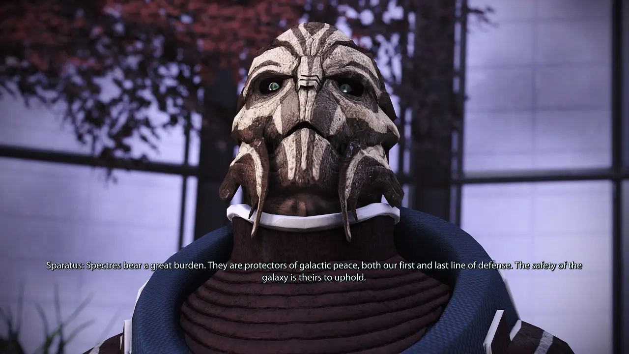 Uma criatura alienígena fazendo discurso no jogo Mass Effect Legendary Edition