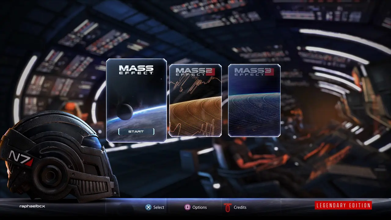 Cena inicial do jogo Mass Effect Legendary Edition que mostra os três primeiros jogos da franquia
