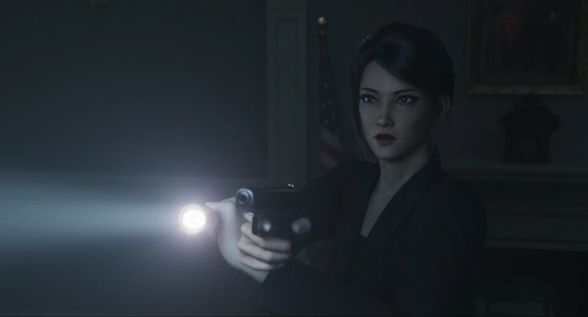 Shen May com uma arma em Resident Evil: No Escuro Absoluto