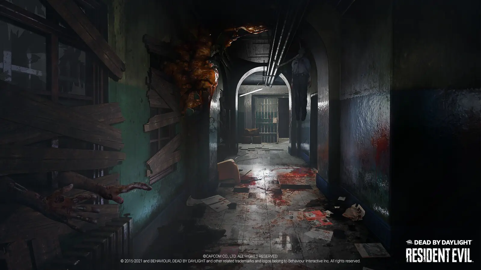 Imagem de um corredor da delegacia de Raccoon City no crossover de Resident Evil em Dead By Daylight