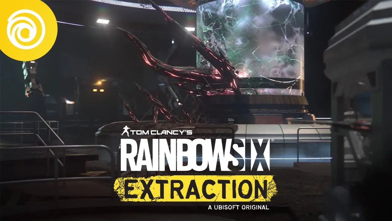 Imagem de capa do jogo Rainbow Six Extraction com um alienígena no fundo e a logo do game