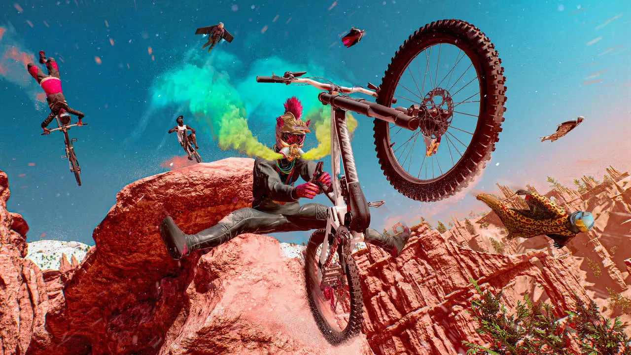 Imagem de Riders Republic com um ciclista em destaque fazendo uma manobra com uma bicicleta no ar