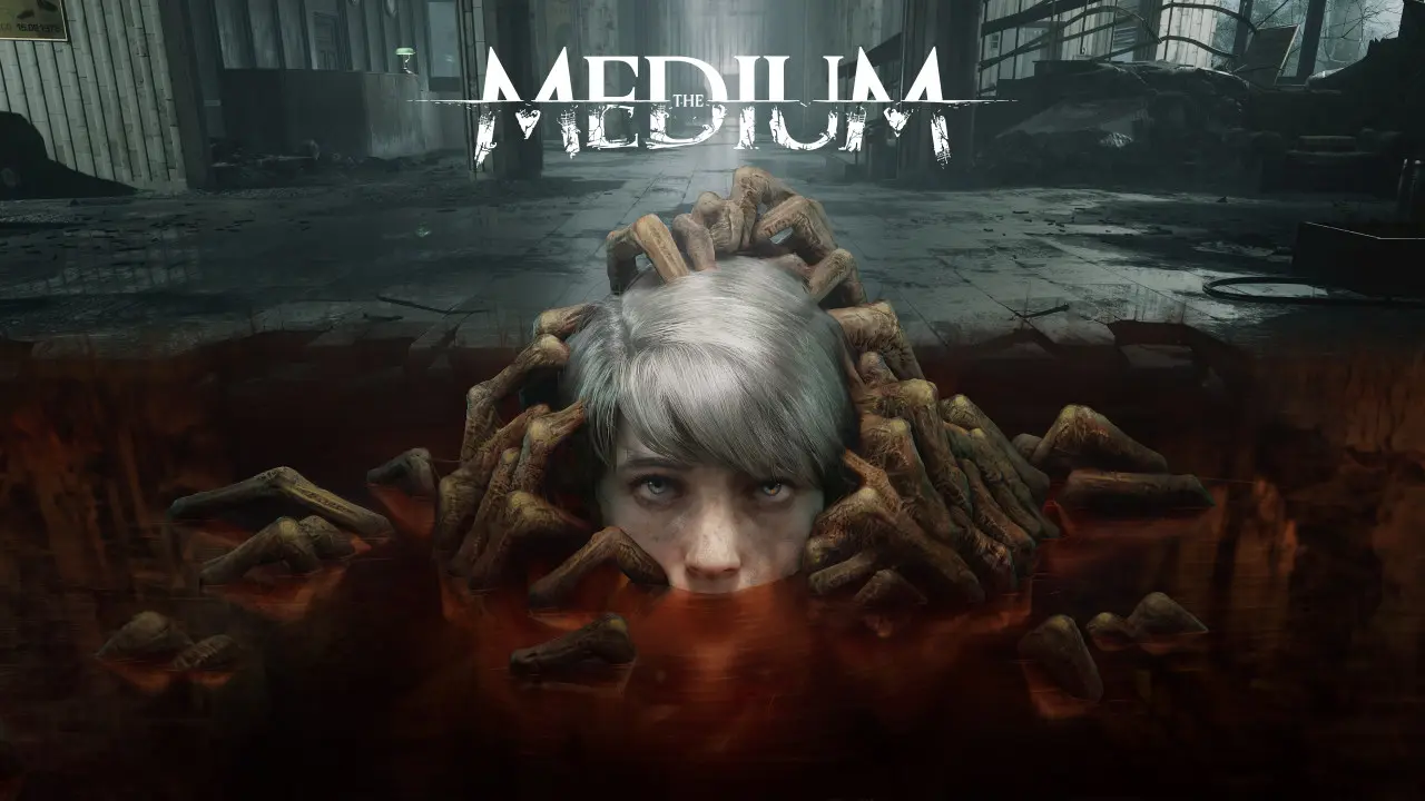 Imagem de capa do jogo The Medium com um cabeça sendo puxada por diversas m]ao e a logo do game em cima