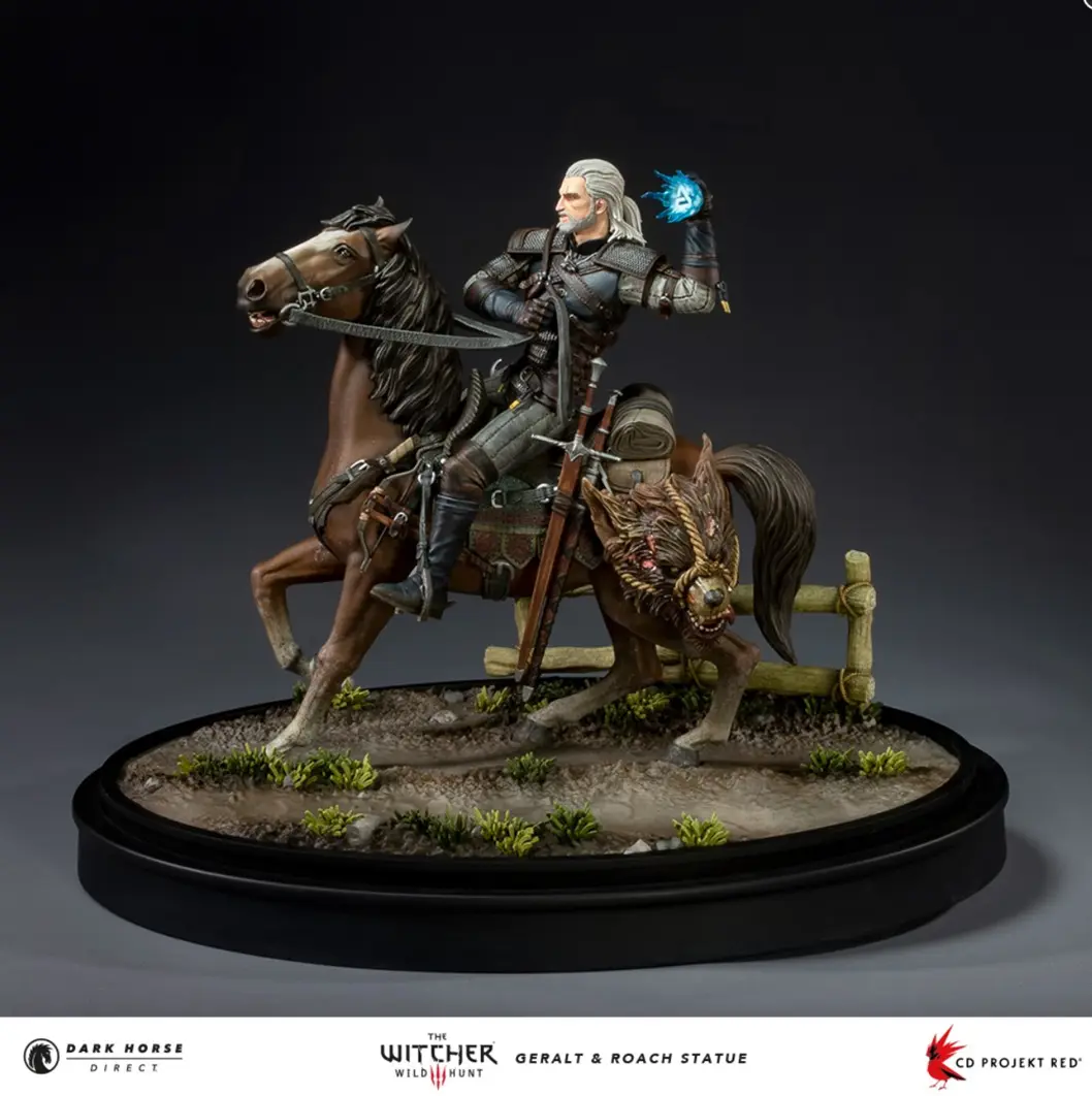 Estatueta de Geralt e Carpedado, de The Witcher.