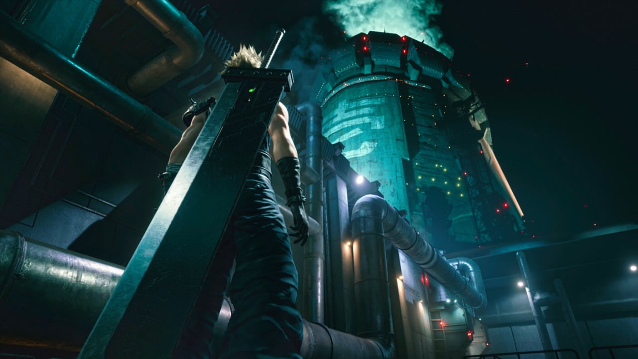 Imagem de capa da matéria sobre o upgrade gratuito de Final Fantasy VII Remake para o PS5 com o protagonista de costas olhando para um reator da cidade de Midgar