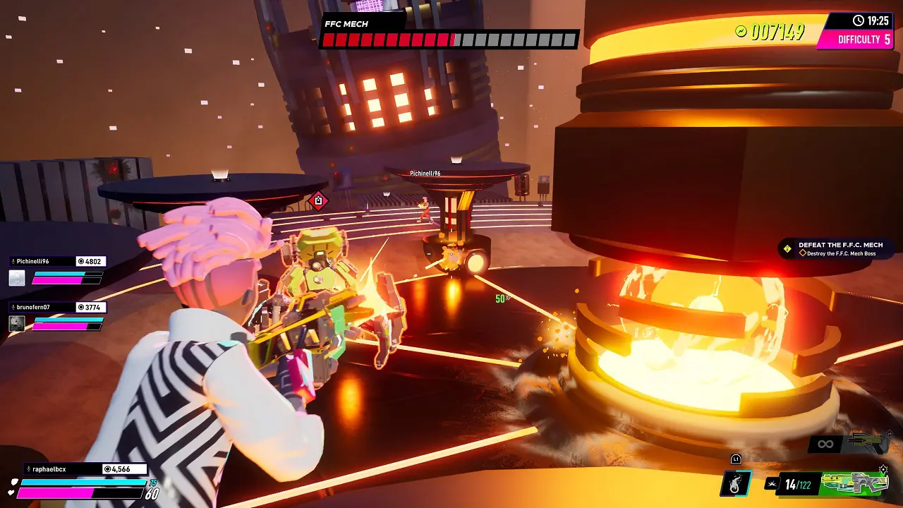 Imagem colorida do jogo Arcadegeddon com um personagem segurando uma pistola mirando em um robô grande