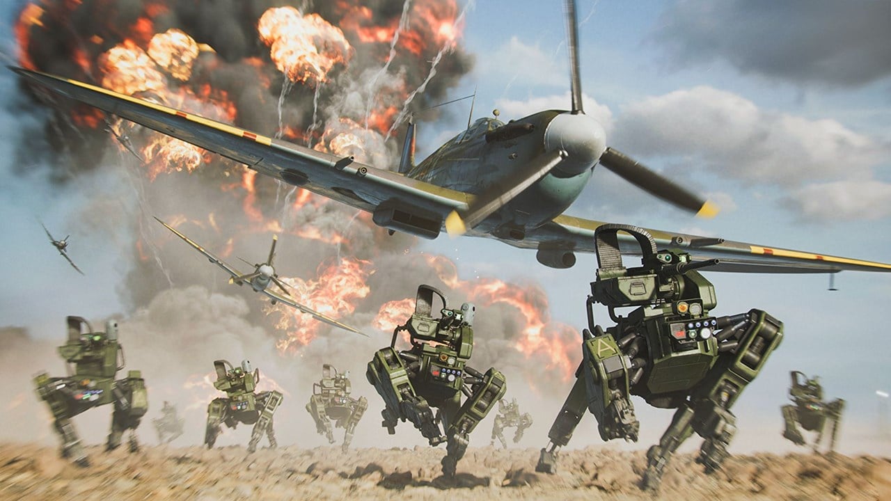 Cena de Battlefield 2042 com cães robos e um avião explodindo.