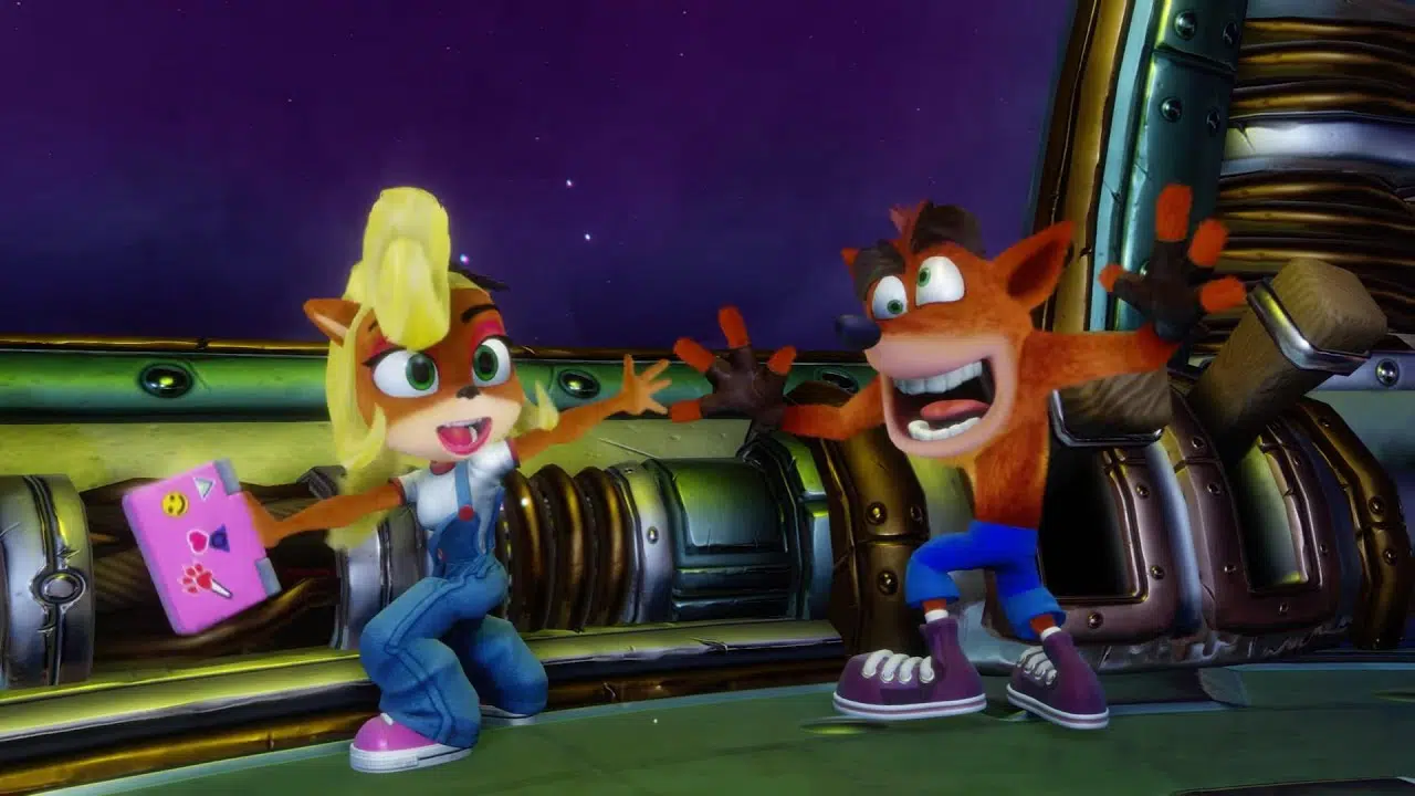 Crash Bandicoot e Coco Bandicoot fazendo a clássica dança dos marsupiais